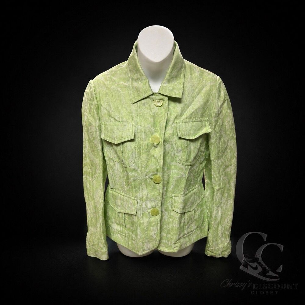 Etcetera Size 4 Green Floral Jacquard Jacket Blazer Button Front Career Chic
